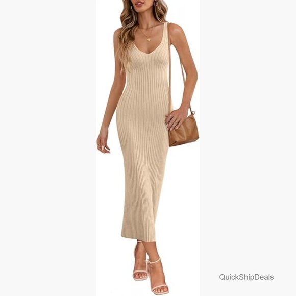 Dresses & Skirts - Viscose Polyamide Ribbed Knit Bodycon Midi Dress V Neck Sleeveless